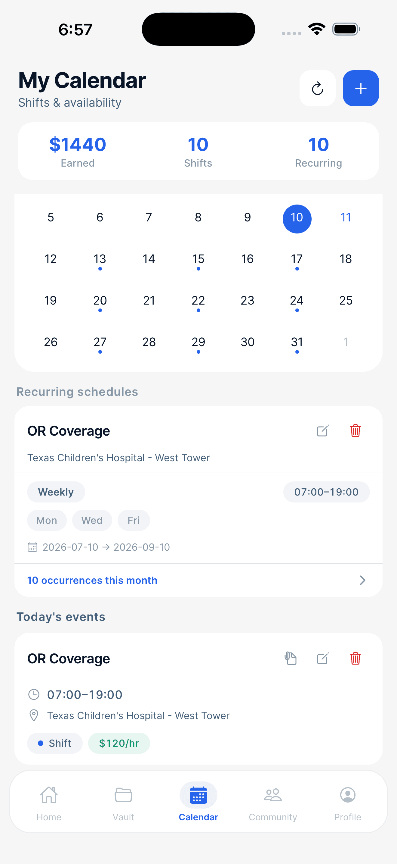 Calendar screen